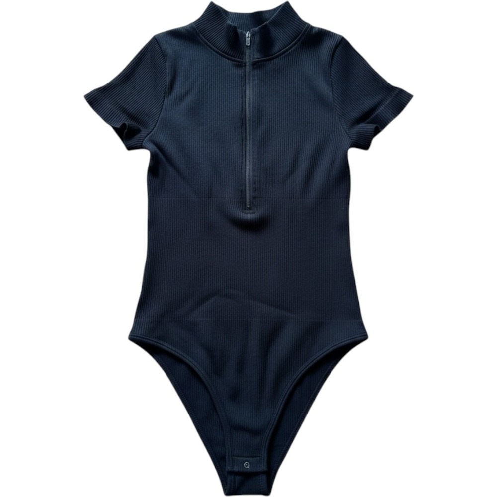 OQQ Women Black Ribbed Short Sleeve Quarter Zip Mock Neck Bodysuit Small